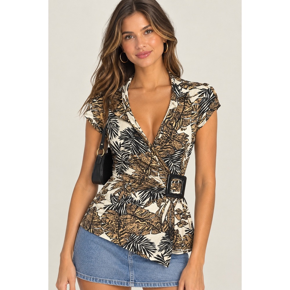 Vintage Cache XS Tropical Leopard Print Wrap Top Asymmetrical Buckle V-Neck Blou